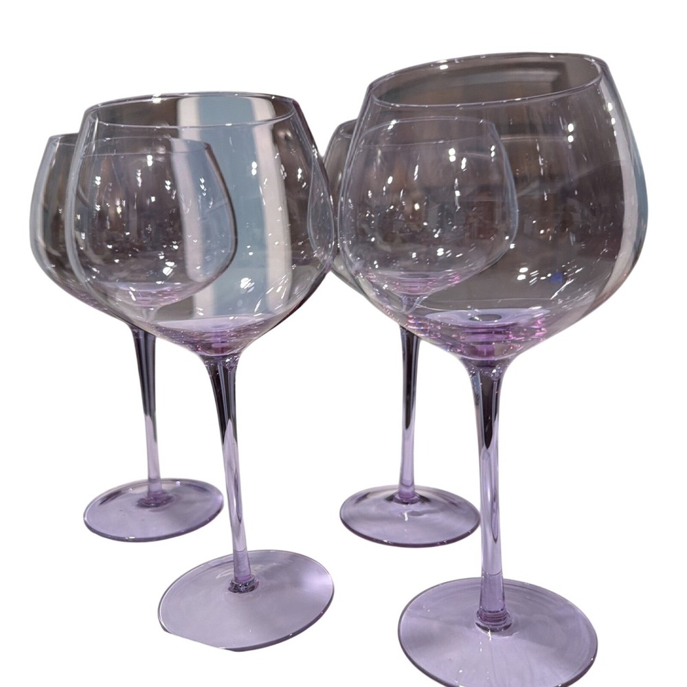 Set of 4 Lavender Iridescent Luster Balloon Wine Glasses Purple Long Stem 9.25"